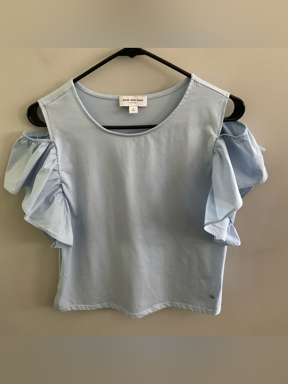 Marc New York Light Blue Ruffle Cold-Shoulder Top